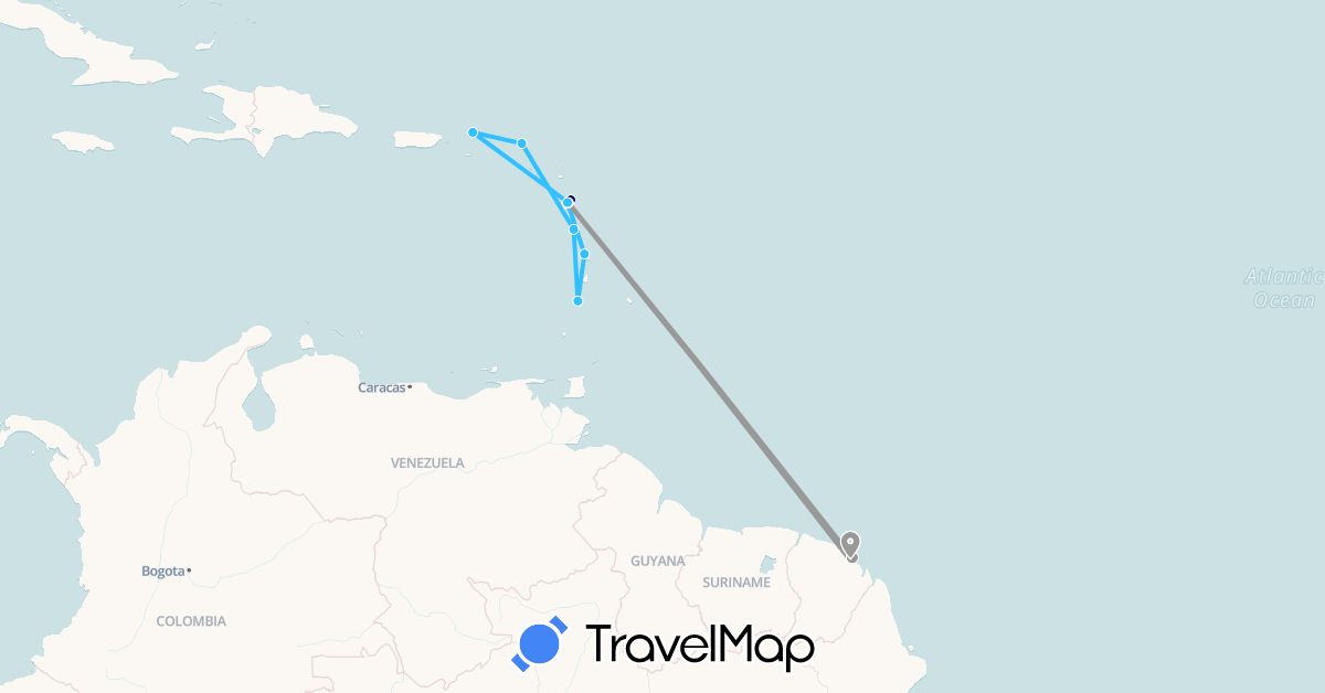 TravelMap itinerary: driving, plane, boat in Dominica, France, French Guiana, Guadeloupe, Martinique, Saint Vincent and the Grenadines, British Virgin Islands (Europe, North America, South America)